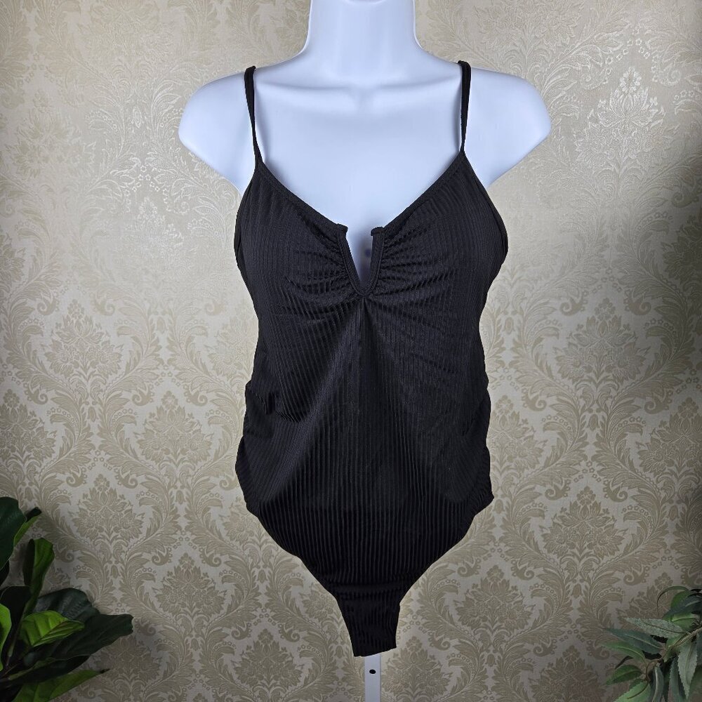 Summer Mae Size Medium Black Striped One Piece Swimsuit Adj Straps Wired V NWT